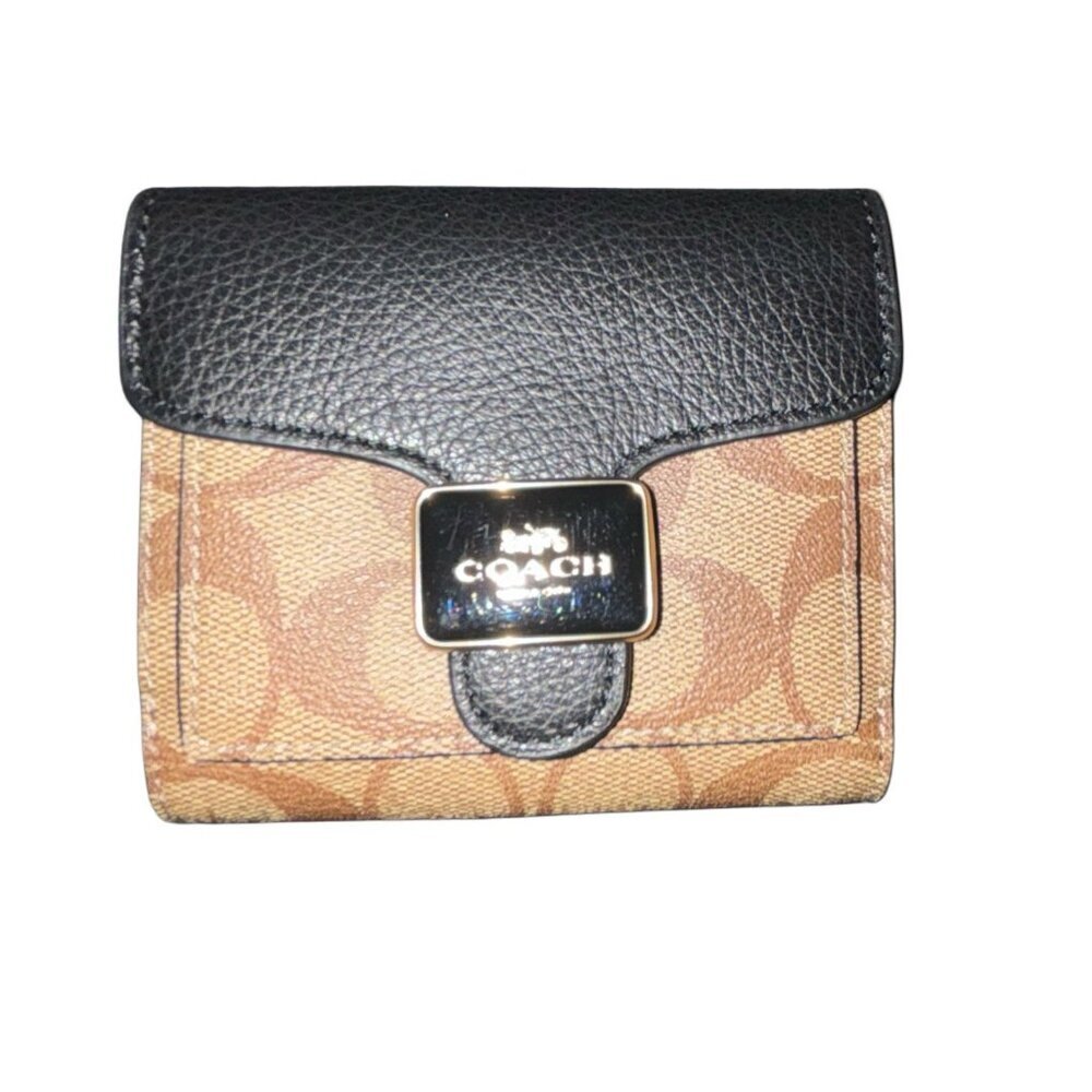 Coach Khaki Black‎ Wallet in Signature Canvas C7805 Bifold Classic Compact - Picture 2 of 7